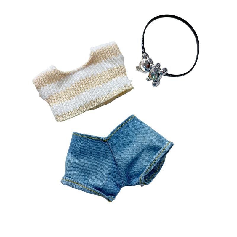 【YIWU&BUBU】Mini Doll Outfit (No Doll) – Hat & Overalls Set, Designer-Inspired Suit for 17cm Collectible Figure Dress-Up